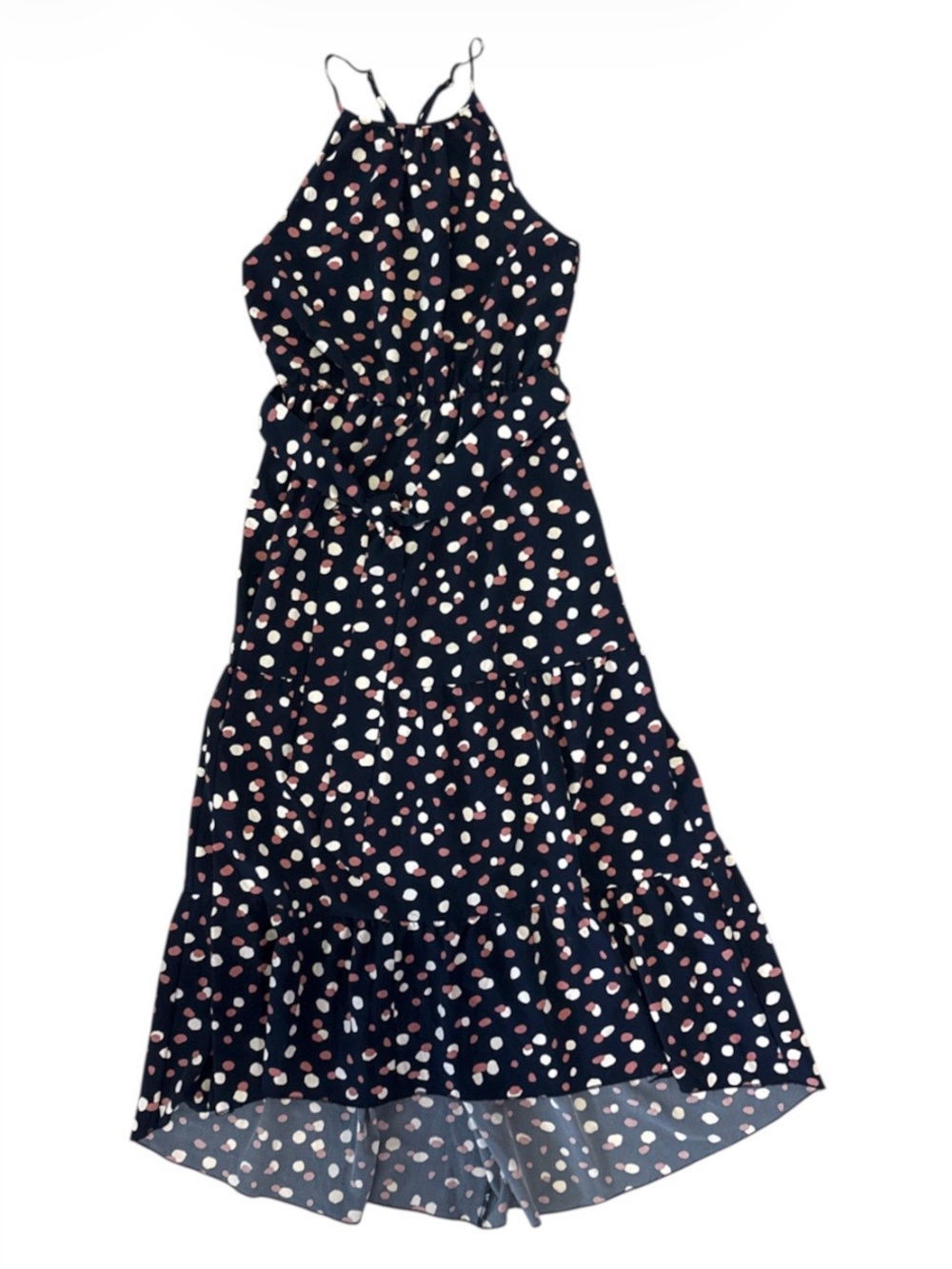 Navy Polka Dot Halter Maxi Dress with Pink and Cream Dots